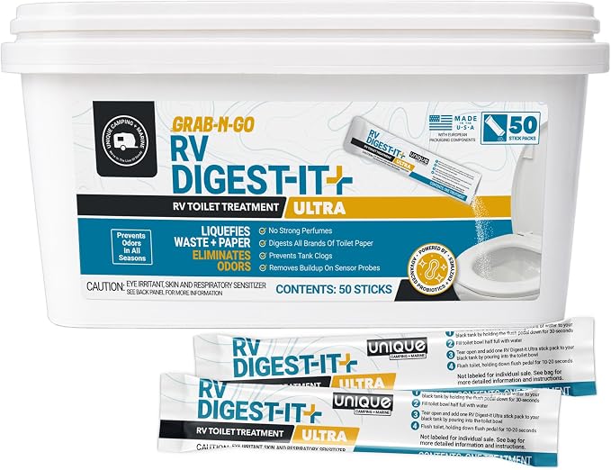 Unique RV Digest-It Ultra Stick Pack, 50 Count, Extra-Strength RV Toilet Treatment, No-Mess, Premeasured Powder, Grab-n-Go Black Tank Treatment, Controls Odor and Prevents Clogs, Bulk Tub
