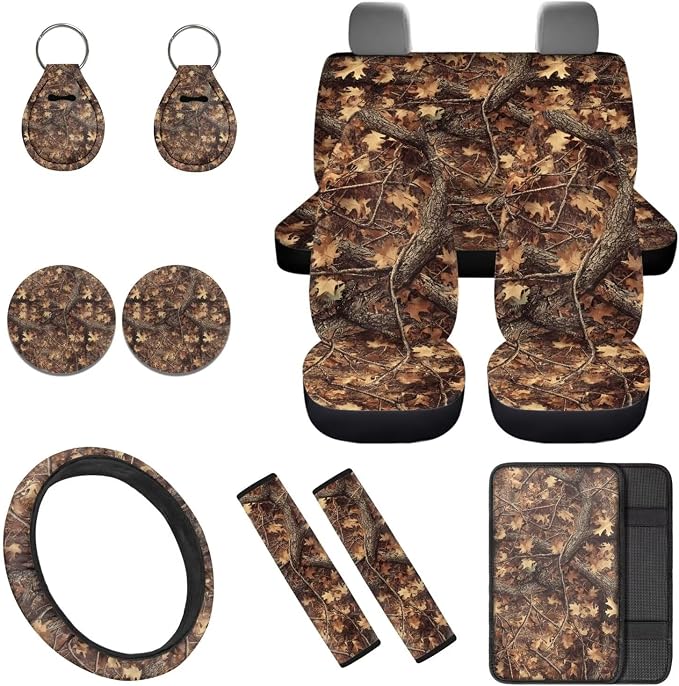 Camo Hunting 12 Pcs Car Seat Covers with Steering Wheel Cover,Seat Belt Covers Cup Holder with Keychain Automotive Protector Set Unverisal Fit Cars SUV