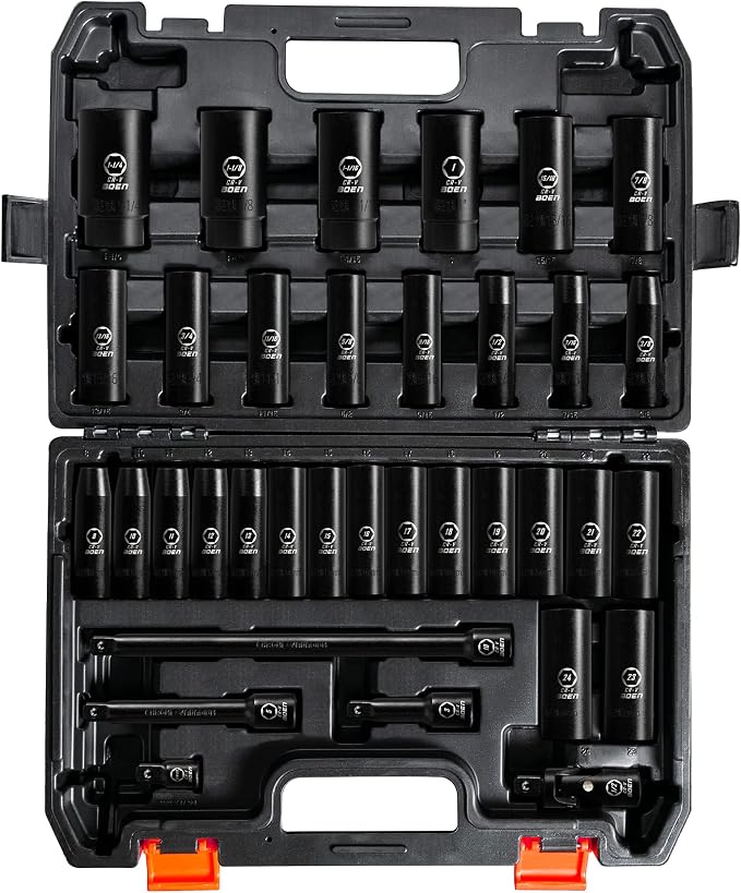BOEN 43 Piece Set, Including 1/2" Drive Deep Impact Socket, 1/4" 3/8" 1/2" 3/4" Drive Socket Adapter Set with Durable Case, Black Manganese Phosphate Coating