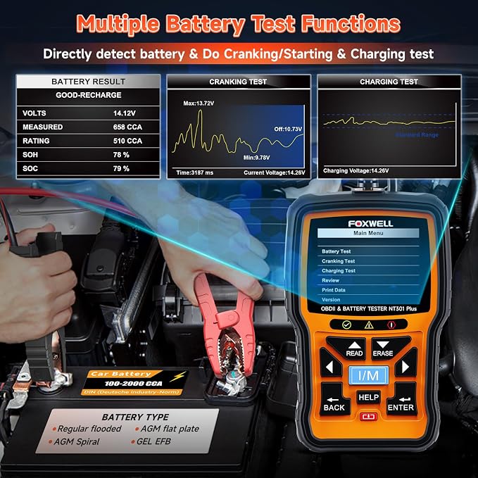 FOXWELL NT301 Plus 2 IN1 OBD2 Scanner Battery Tester with Case with OBD2 Extension Cable