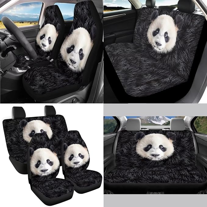 Panda Print Car Accessories Pack of 13, Auto Front and Rear Seat Cover Set of 4, 1 Steering Wheel Cover, 4 Seat Belt Cover, 4 Cup Holder Coasters Universal Fit for Most Cars
