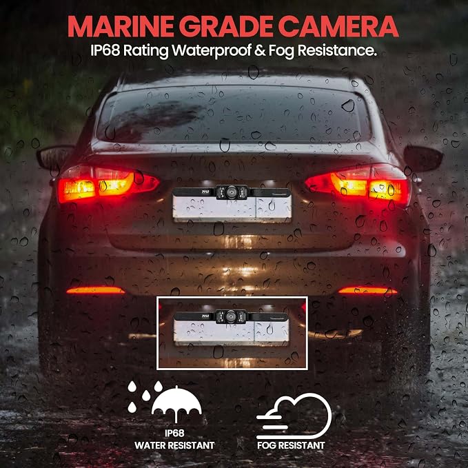 PYLE BACKUP CAR CAMERA, 7" LCD DISPLAY, NIGHT VISION, WATERPROOF, DISTANCE SCALE LINES - COMPLETE SYSTEM WITH ALL NECESSARY CABLES AND WIRING, LICENSE PLATE MOUNTABLE, AUTO SWITCH PAL/NTSC