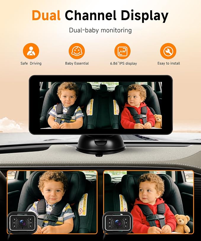 Dual Baby Car Monitor for 2 Kids - 6.86 Inch IPS Split Display with 2 IR Night Vision Camera, Dual Channel Car Baby Monitor Easily Install for Rear Facing Seat Backseat Camera for Baby