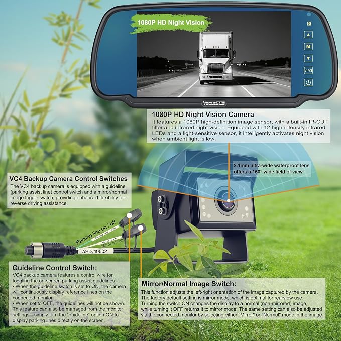 Backup camere System for Truck, VECLESUS VBS 1080P 7-Inch Mirror Monitor Backup Camera System, HD IR Night Vision, Waterproof Rearview Camera,2 Video 2 Audio Inputs, for Trucks,RVs,Vans,SUVs and Cars