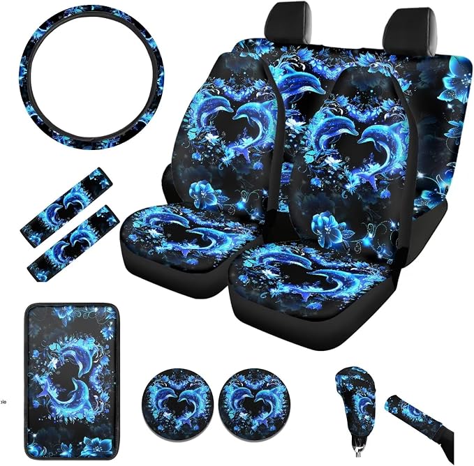 BIGCARJOB Neon Dolphin Print Car Seat Covers Full Set for Front Rear Cute Dolphin Print Armrest Cover Center Console Pads Universal Car Interior Accessories with Steering Wheel Cover 12 Pcs Set