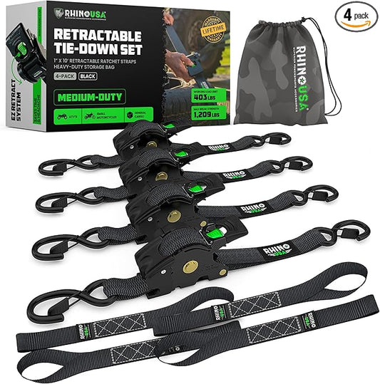 Rhino USA Retractable Ratchet Straps (4-Pack) - 1 Inch x 10 Feet (1,209lb Break Strength) - Auto Self Retracting Tie Down Straps for Truck, Cargo Trailer, Motorcycle, ATV, UTV - Black