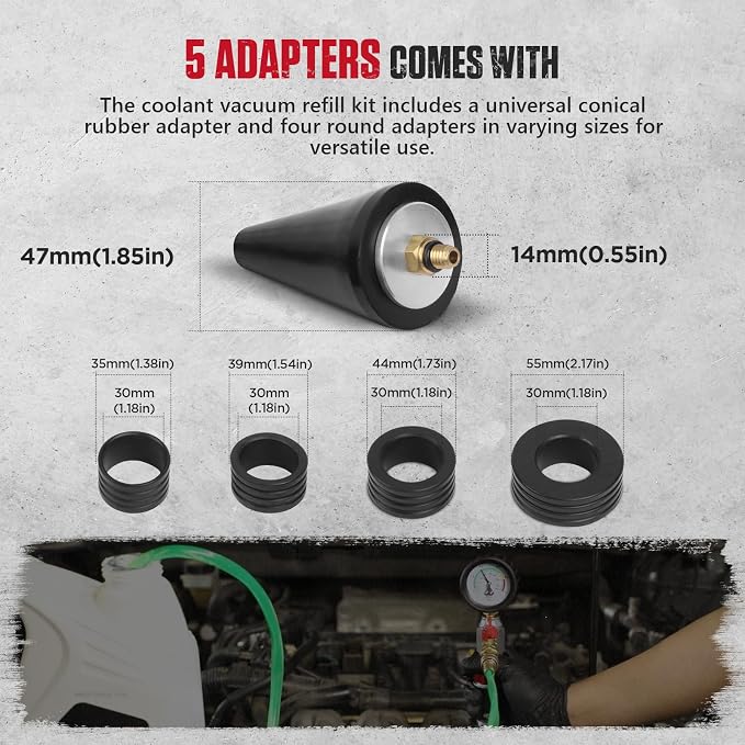 Coolant Vacuum Refill Kit Quick Vacuum Coolant Fill Kit with 5 Universal Adapters, Pressure Gauge, 41 in Fill Hose & 2 Quick Connectors for Most Vehicles