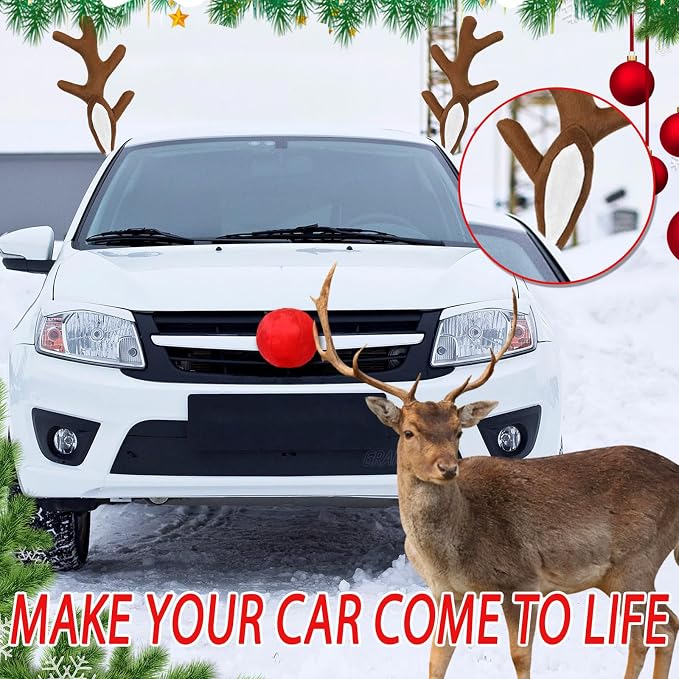 Christmas Car Reindeer Antlers with Nose & Ears - Festive Plush Antler Kit with Lights & Bells - Universal Holiday Decoration for SUV Van Truck