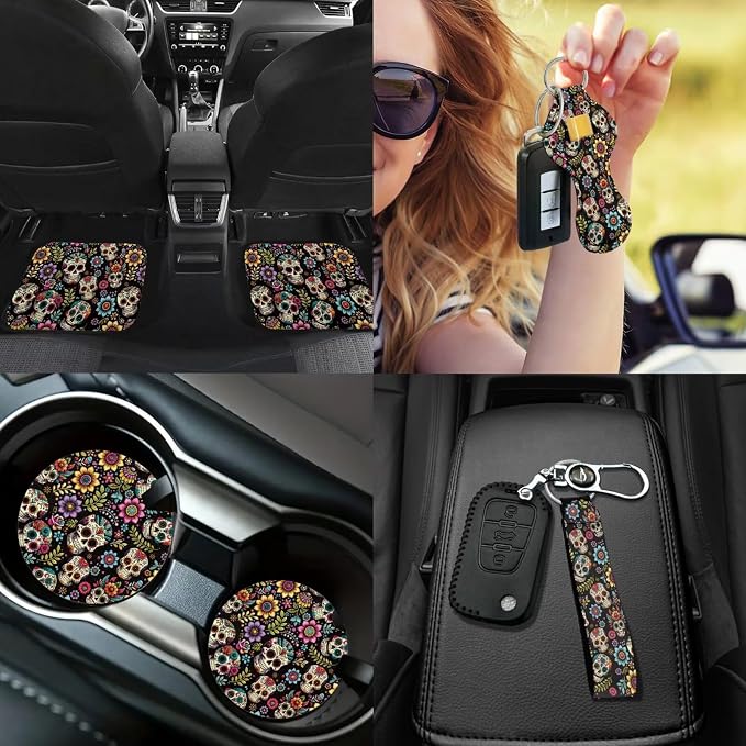 Skull Flower Car Seat Covers Full Set with Front and Split Rear Bench 17 Pack Skull Hippie Flower Car Accessories Set with Car Floor Mats Seat Belt Cover Steering Wheel Covers,Universal Fit