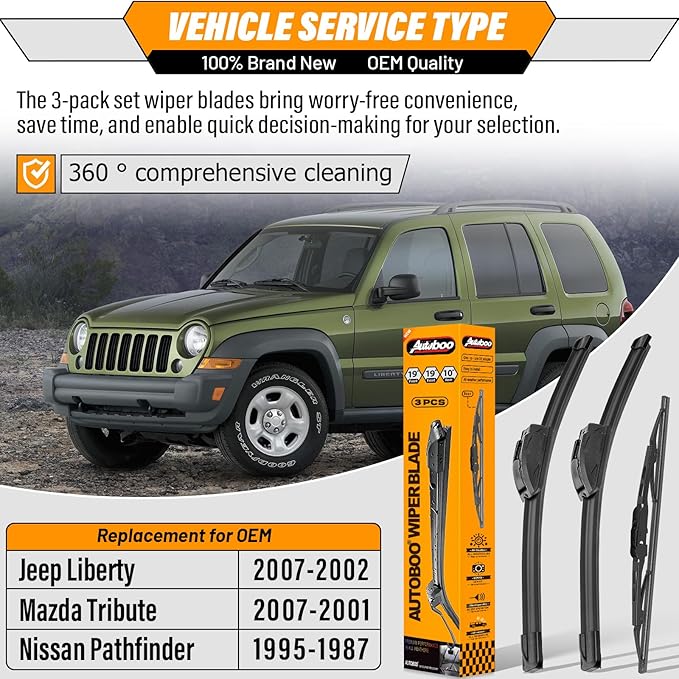 AUTOBOO 19"+19" Windshield Wipers with 10" Rear Wiper Blade Replacement for Jeep Liberty 2002-2007, 2001-2007 Mazda Tribute, 1987-1995 Nissan Pathfinder -Original Factory Quality (Pack of 3)