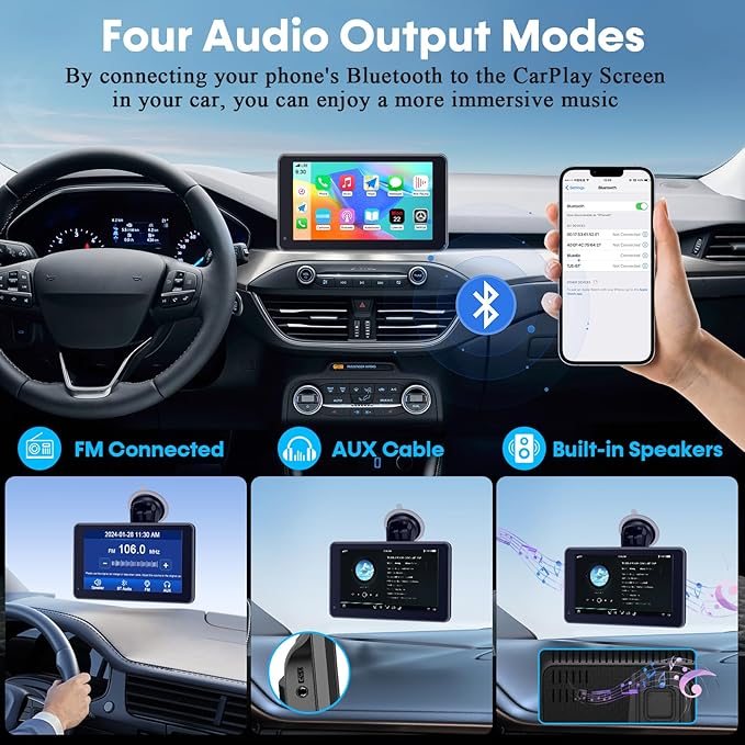 3-Min Easy Install Portable Wireless Carplay Screen: Plug-Play Support Apple CarPlay & Android Auto - 7 Inch HD 1080P Car Touchscreen Upgrade Voice Control GPS Navigation for Commuters & Older Cars