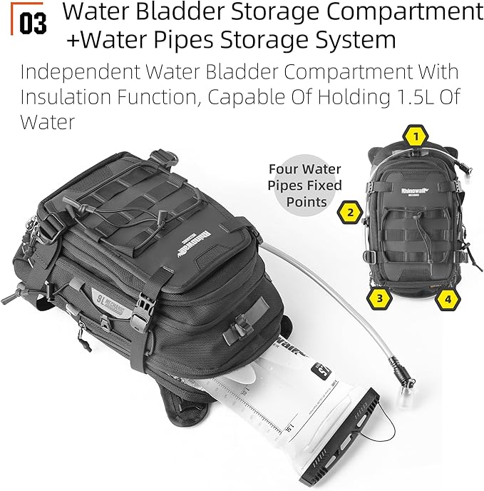 Rhinowalk Motorcycle Tank Bag Travel Luggage Motorcycle Backpack with 1.5L Water Bladder MOLLE System Fits Honda Yamaha Suzuki Kawasaki Harley-Black