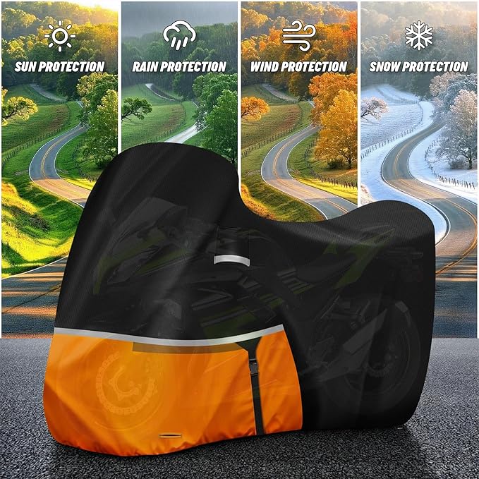Waterproof Motorcycle Cover for Kawasaki Ninja 400/500/650 Z900 ZX6R (No Trunk Models), 420D Oxford Cloth Heavy Duty Motorbike Cover for Snow Rain UV Dust All Weather Outdoor Protection