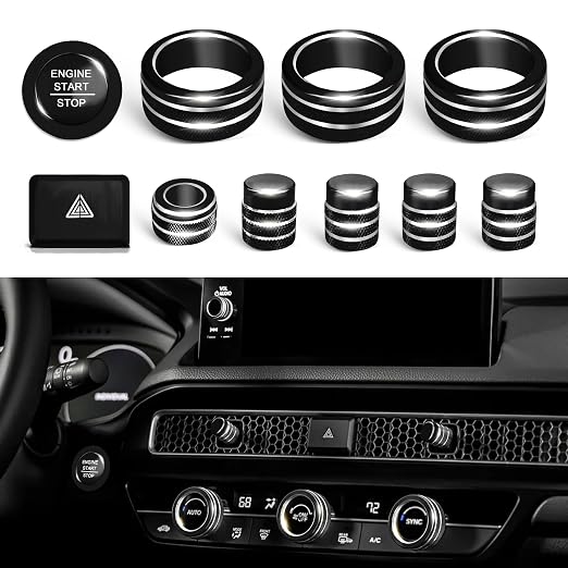 for Honda Civic Accessories 2026 2025 2022-2024 for CRV 2026 2025 2024 2023 for Acura Integra 2025 2024 2023 Hazard Light, AC Knob Cover, Air Vent, Radio, Push Start Button Cover Ring 11Pcs (Black)