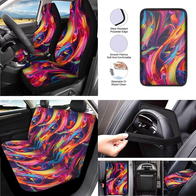 Colorful Fluid 13 Pack Car Seat Covers Full Set Boho Rainbow Fluid Painting Car Interior Accessories Hippy Gradient Paint Fit Auto SUV Trucks Seat Belt Shoulder