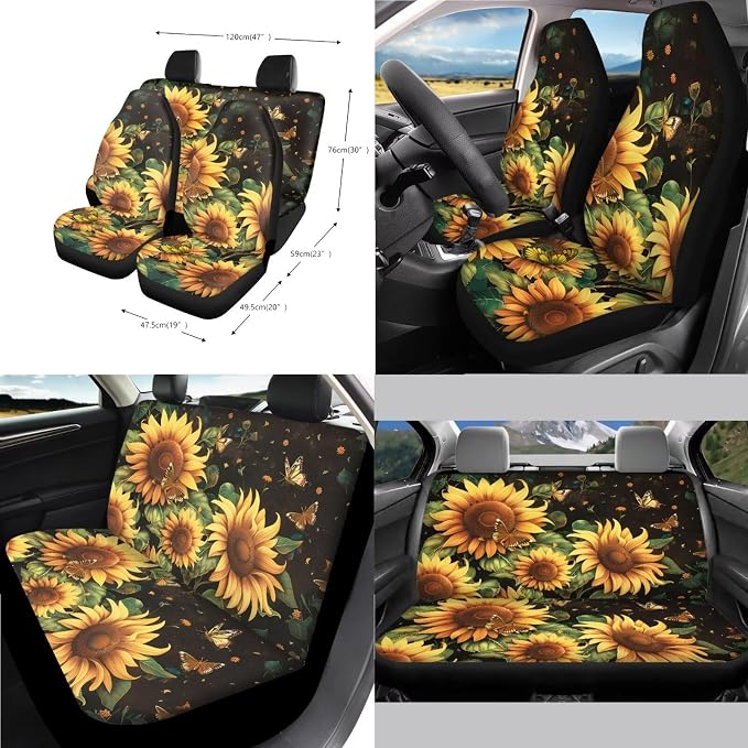 Sunflower Print Full Set Car Seat Covers with Accessories Decorative Front and Rear Split Bench Seat Covers Steering Wheel Cover Armrest Cushion Universal Fit Sedan SUV Truck