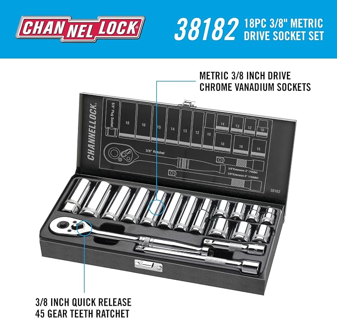 Channellock 38182 3/8" Drive Metric Socket set, 18 Piece