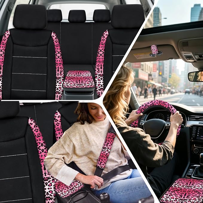 23 Pcs Car Seat Cover Full Set for Women,Universal Car Seat Cover, Print Printing Car Steering Wheel Cover Center Console Armrest,Sunglass Holder Accessories Full SUV (Pink Leopard Print)