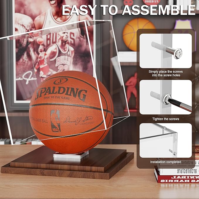 VGMiu Basketball Display Case with Wood Base, Clear Acrylic Basketball Case Display Box with Removable Built-in Ball Holder for Autographed Balls, Sports Collectibles, Memorabilia Displays