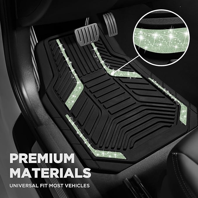 PIC AUTO Car Floor Mats, Green Sparkly Crystal Bling Glitter Car Mats Set, Front and Rear Heavy Duty Rubber Car Mats with Anti-Slip Backing, All Weather, Trim-to-Fit for Automotive SUVs, Sedan, Vans