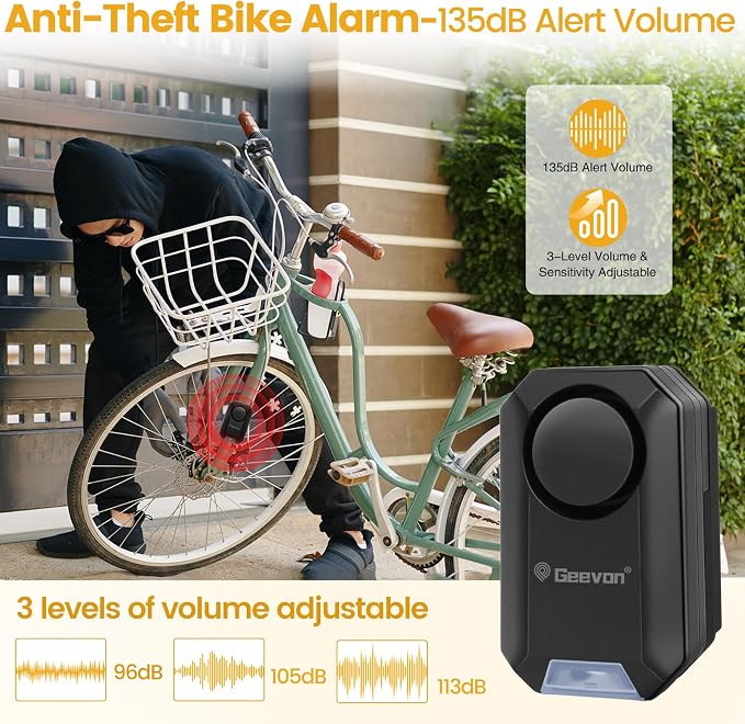 Geevon Bike Alarms for Ebikes,2+1Pcs Wireless Bike Alarm with Remote,135dB Anti-Theft Bicycle Motorcycle Alarm Wireless Security Sensor Alarms, IPX5 Waterproof