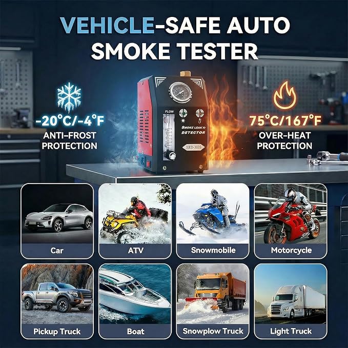 Automotive Smoke Machine Leak Detector with Built-in Air Pump, EVAP Tester with Pressure Gauge and Flow Meter, Dual Mode Diagnostic Tool for All DC 12V Vehicles