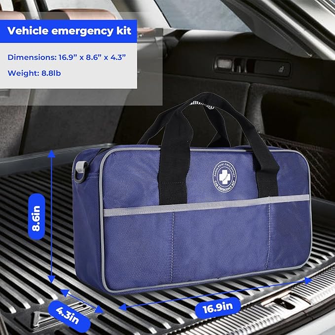 All-in-One Car Emergency Kit with Digital Tire Inflator, Jumper Cable, Tow Strap, Reflective Triangle, First Aid Kit, Hand Crank Flashlight, and Repair Tools for Roadside Safety (Blue)