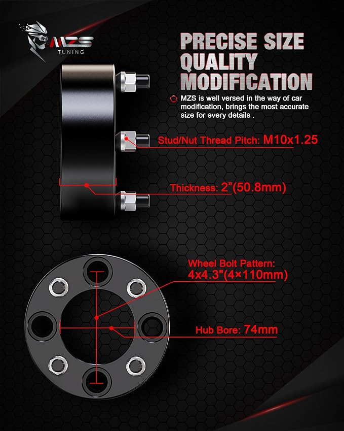 MZS 4x110 Wheel Spacers, 2" Thick Hub Center 74mm with M10×1.25 Studs Compatible with Rancher Grizzly Fourtrax Foreman King Quad Rhino ATV UTV- 4 Lug 4/110-2 Pack