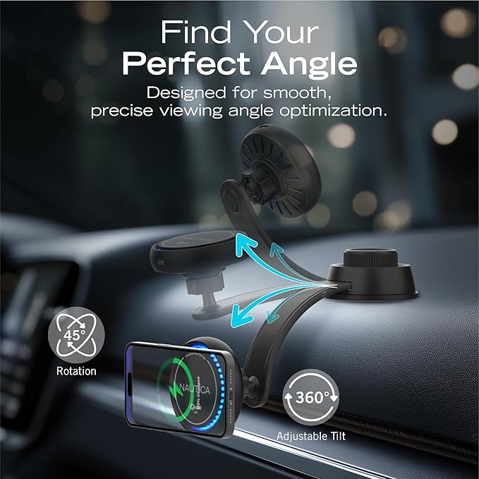 Nautica Turan QMAG Air - Wireless Magnetic Car Charger 15W with Cooling Fan and Ambient Light, Includes 4ft USB C Cable, Universal Phone Mount for iPhone 17, 16, Galaxy S25, S24, Pixel 10 and More
