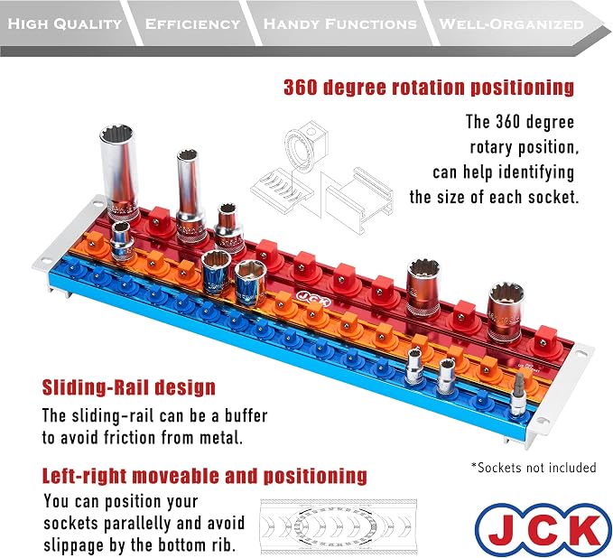 JCK Professional Quality Aluminum Three-Size of Socket Organizer Tray | Holds 42 Sockets | 360 degree rotary positioning studs, moveable secure socket, Socket Rack Kit,1/4 3/8 1/2