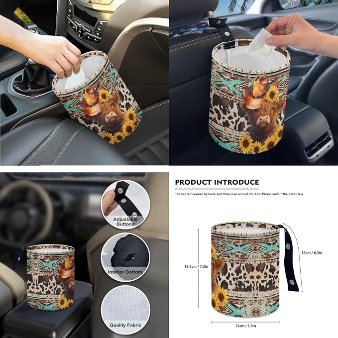 Highland Cow Car Seat Covers Set of 15 with Universal Steering Wheel Cover, Sunflower Rearview Mirror Cover, Aztec Car Trash Can, Seatbelt Pads, Cup Holder Coasters, Keychains