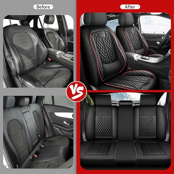 otoez Leather Car Seat Covers Full Set, Breathable Waterproof Nappa Leather Front Rear Car Seat Protectors with Lumbar Support, Universal Automotive Seat Covers for Most Cars SUV Truck Sedan (Black)