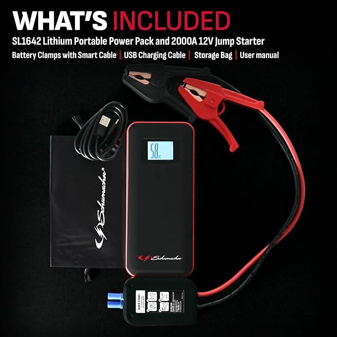 Schumacher Electric 2000 Peak Amp 12V Portable Lithium Car Battery Jump Starter & Power Pack - Lithium Ion Jump Box - with USB Charging & LED Emergency Light - SL1642