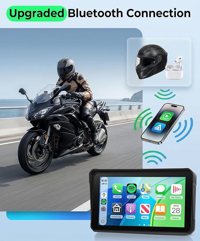 6 Inch Motorcycle Wirelsss Carplay Screen, Portable Touchscreen Motorcycle GPS Navigation System Car Play Moto Android Auto, Dual Bluetooth, IP68 Waterproof Moto Screen, Si-ri, Goo-gle Assistant