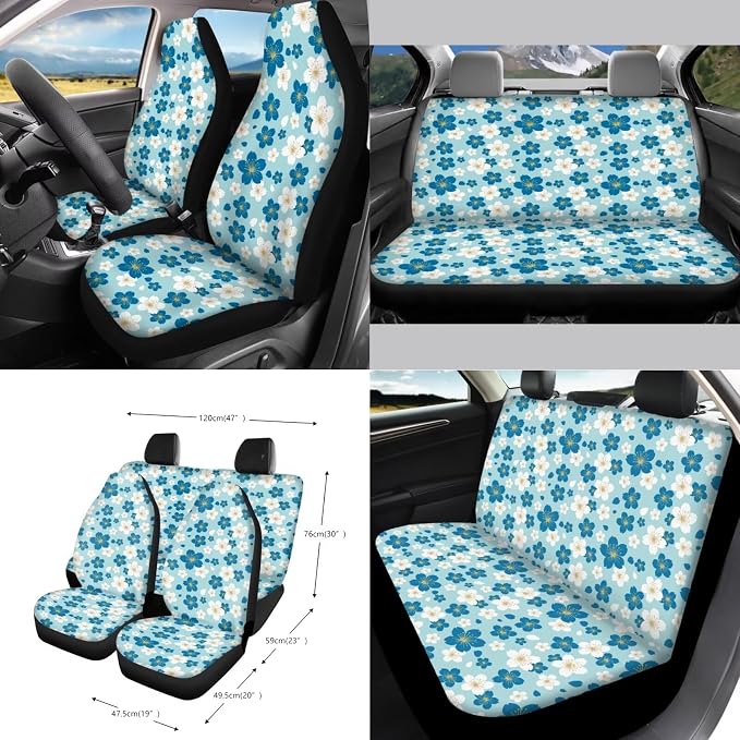 White Blue Cherry Blossom Pattern Car Seat Covers 15Pcs Full Set Car Steering Wheel Cover Seat Belt Cover Trash Bin Air Vent Storage Box Rear View Mirror Car Cup Holder Keychain