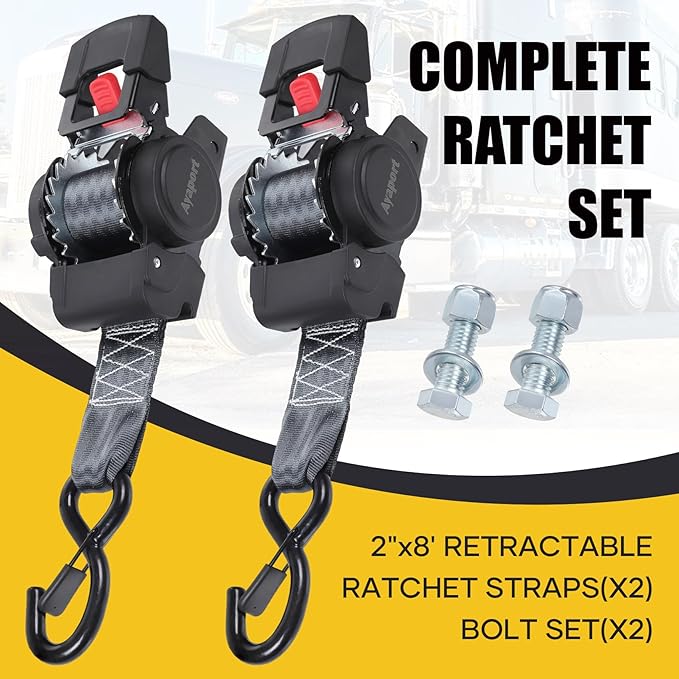 Ayaport Retractable Transom Tie Down Straps 2in X 8ft Boat Tie Down Straps to Trailer- 3300lbs Break Strength, Heavy Duty Bolt-on Ratchet Straps for Cargo, Boat, Motorcycles, ATV, 2pk