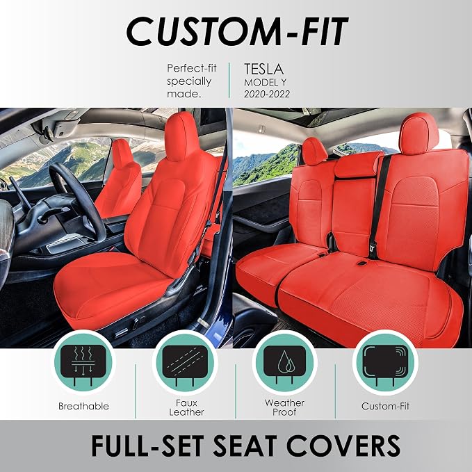 FH Group Custom Fit Car Seat Covers Specifically Made for 2020-2022 Tesla Model Y - Faux Leather, Waterproof, Airbag Compatible, Solid Red