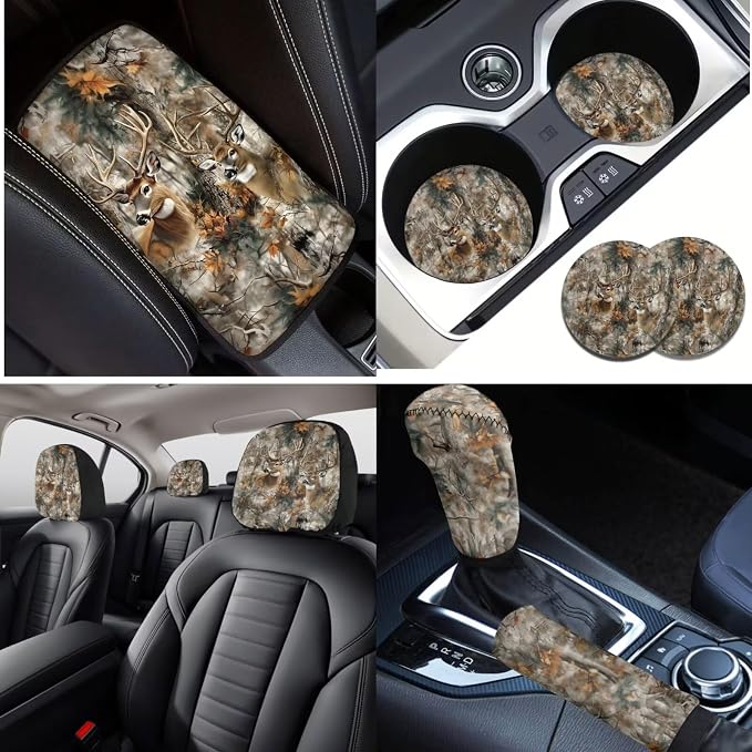 Lotusorchid Car Seat Covers Sets Full Set, Deer Print Front and Rear Split Bench Seat Cover Car Armrest Box Pad Car Headrest Cover Car Coaster, Washable Auto Accessories Full Set, Brown