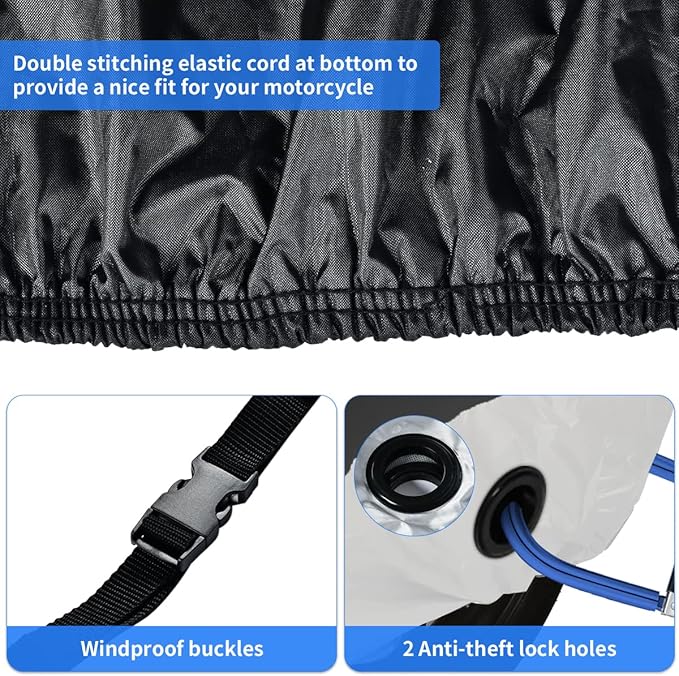 Motorcycle Cover, Coverado Motorcycle Covers Waterproof Outdoor Storage with Lockholes and Night Reflector, All Weather Waterproof Sun Protection Outdoor Scooter Cover Universal Fit Up to 93" Motors
