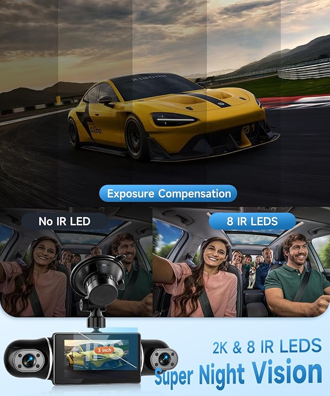 360° 4 Channel Dash Cam 2K Front 1080P Rear/Left/Right, 5G WiFi App Control, 3" IPS Screen, 8 IR Night Vision, G-Sensor Loop Recording, Reverse Assistance for All Vehicles