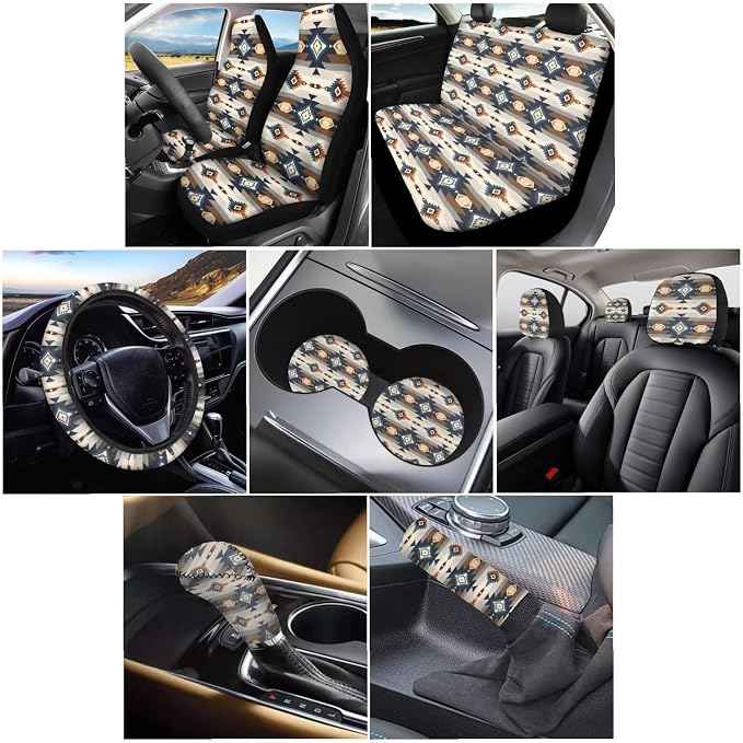 Wanyint Car Seat Cover Full Set 11 PCS, with Steering Wheel Headrest Handbrake Gear Shift Knob Cover Cup Coasters Auto Seat Cover Accessories, Southwest Aztec Blue Brown