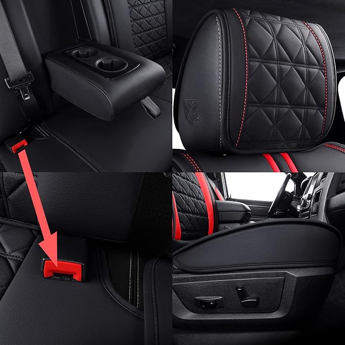 YIERTAI for Dodge RAM Seat Covers fit 2009-2025 2026 1500HD 2010-2023 2024 2025 2026 2500/3500HD Crew Double Quad Rebel Cab Laramie Big Long Horn Rebel Tradesman Leather(5 PCS Full Set/Black-Red)