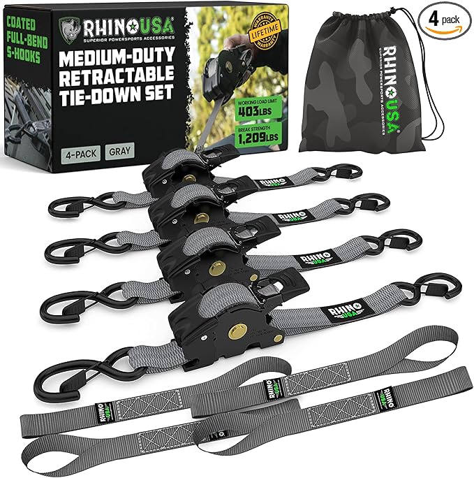 Rhino USA Retractable Ratchet Straps (4-Pack) - 1 Inch x 10 Feet (1,209lb Break Strength) - Auto Self Retracting Tie Down Straps for Truck, Cargo Trailer, Motorcycle, ATV, UTV - Gray