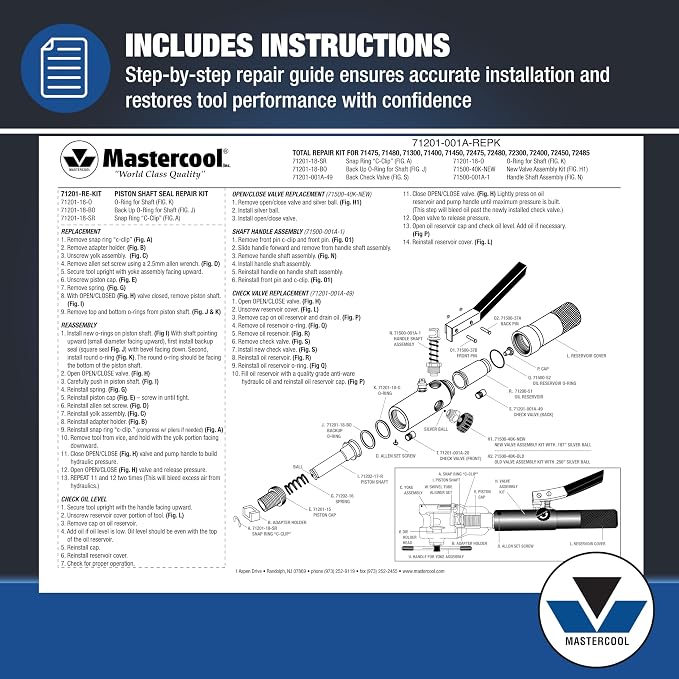 Mastercool 71201-001A-REPK Hydra-Flare Hydraulic Tool Repair Kit with Instructions – For 71202 Hydraulic Tool & Yoke