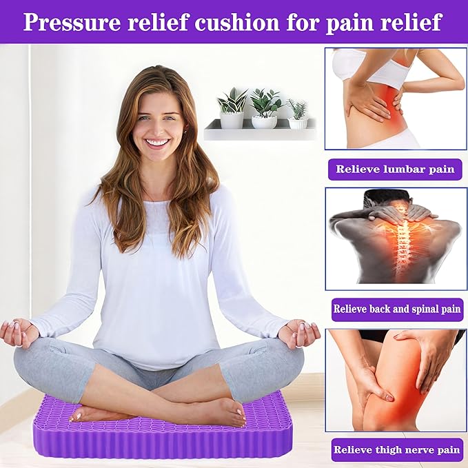 Innovative Gel Seat Cushion for Long Sitting, Seat Cushion for Back, Sciatica, Hip, Tailbone Pain Relief, Large and Thick, Used for The Office, Wheelchair, Recliner, Car, Truck.(Púrpura)