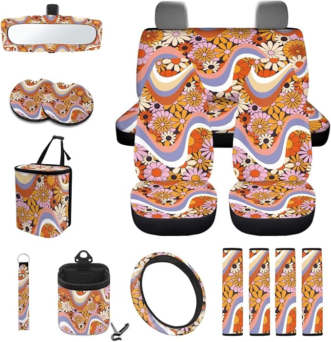 80s 90s Groovy Hippie Daisy Print Car 15pcs Accessories, Front and Back Seat Covers for Cars Steering Wheel Cushion Seat Belt Pad Trash Can Coasters Universal Fit