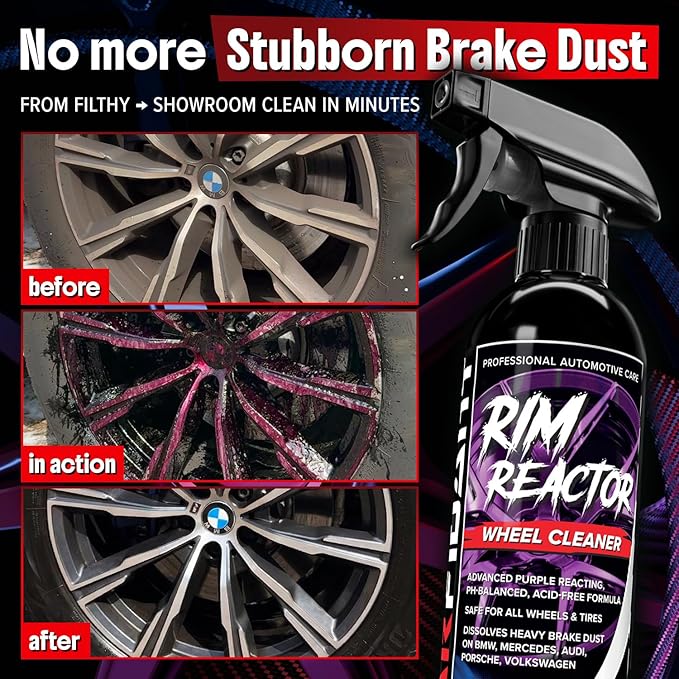 Carfidant Rim Reactor Wheel Cleaner Spray – No Scrub Formula with Purple Iron Remover Reaction – Removes Brake Dust & Grime – Safe for All Wheels (Aluminum, Chrome, Black) – pH Neutral – 16oz