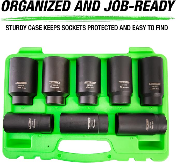 OEMTOOLS 37320 Axle Nut Socket Set, 6-Pt 1/2 Impact Socket Set, 8Pc Metric 1/2 Socket Set, Impact Socket Set 1/2 Drive for Axle Nuts, Impact Sockets 29mm to 39mm, Socket Sets Storage Case
