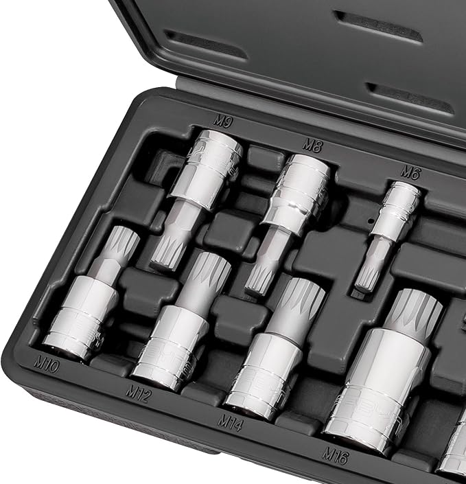 CARBYNE 10-Piece Triple Square Socket Set, XZN Spline Bit Socket, 12 Point, Metric M4 to M18, S2 Steel, CrV Sockets, 1/4 in. 3/8 in. and 1/2 in. Drive, Durable Storage Case