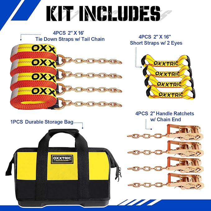 8 Point Roll Back Vehicle Tie Down Kit,Tow Truck Flatbed Straps with Chain Extension on Both Ends,WLL 3300 lbs,Heavy Duty Car Hauler Tire Over Wheel Tie Down Straps